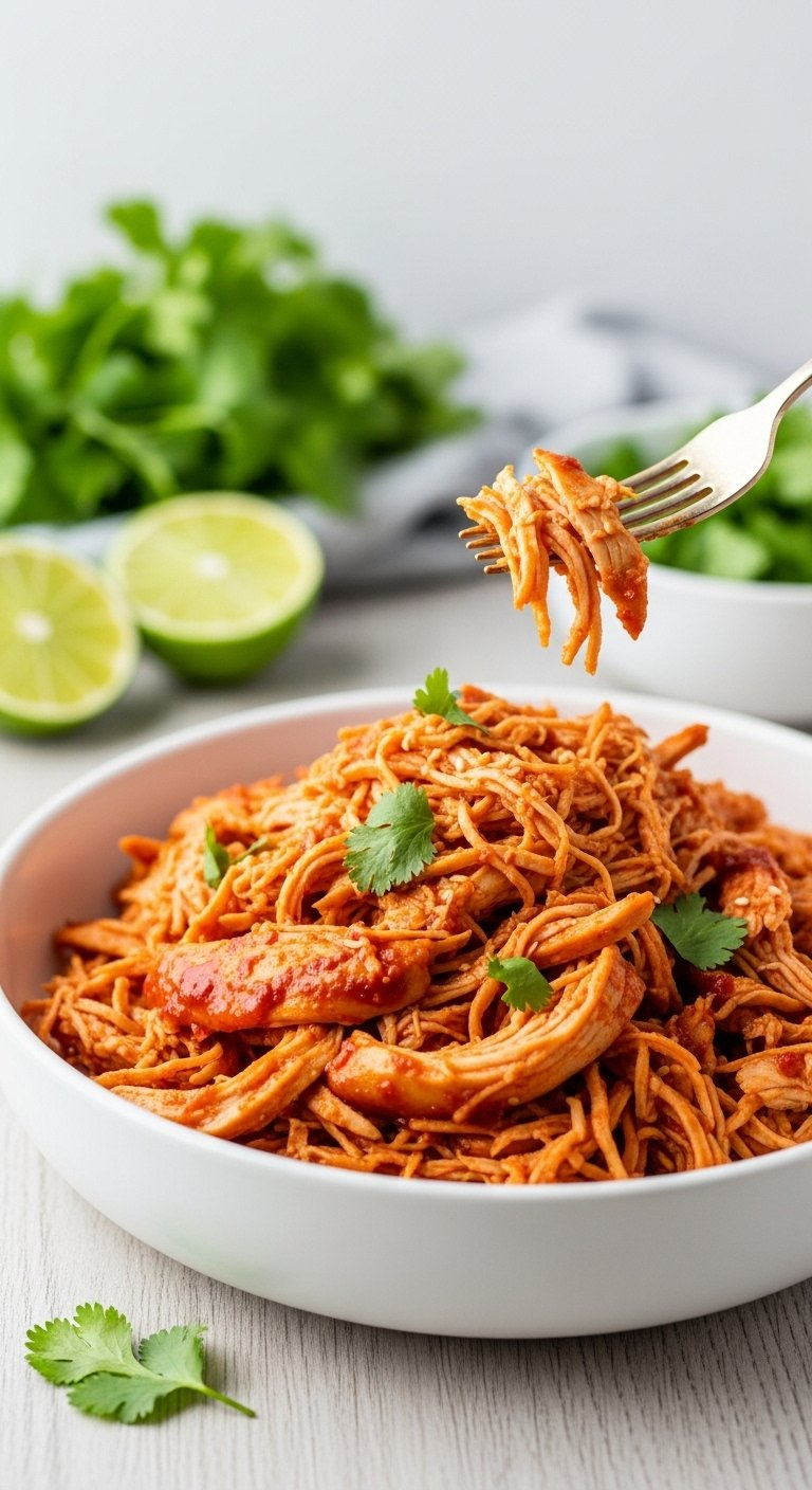Tender Shredded Korean Chicken Breast Coated In Rich Gochujang Sauce Served In A White Bowl With Fresh Cilantro And Lime.