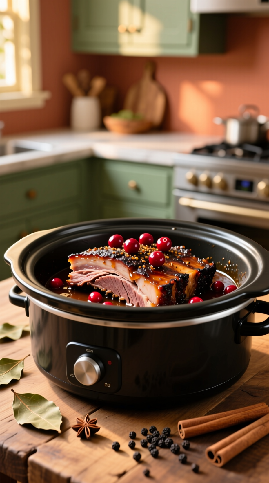Tender Shredded Cranberry Keto Brisket In Cooking Liquid From A Slow Cooker Insert, With Bay Leaves On A Rustic Wooden Table.