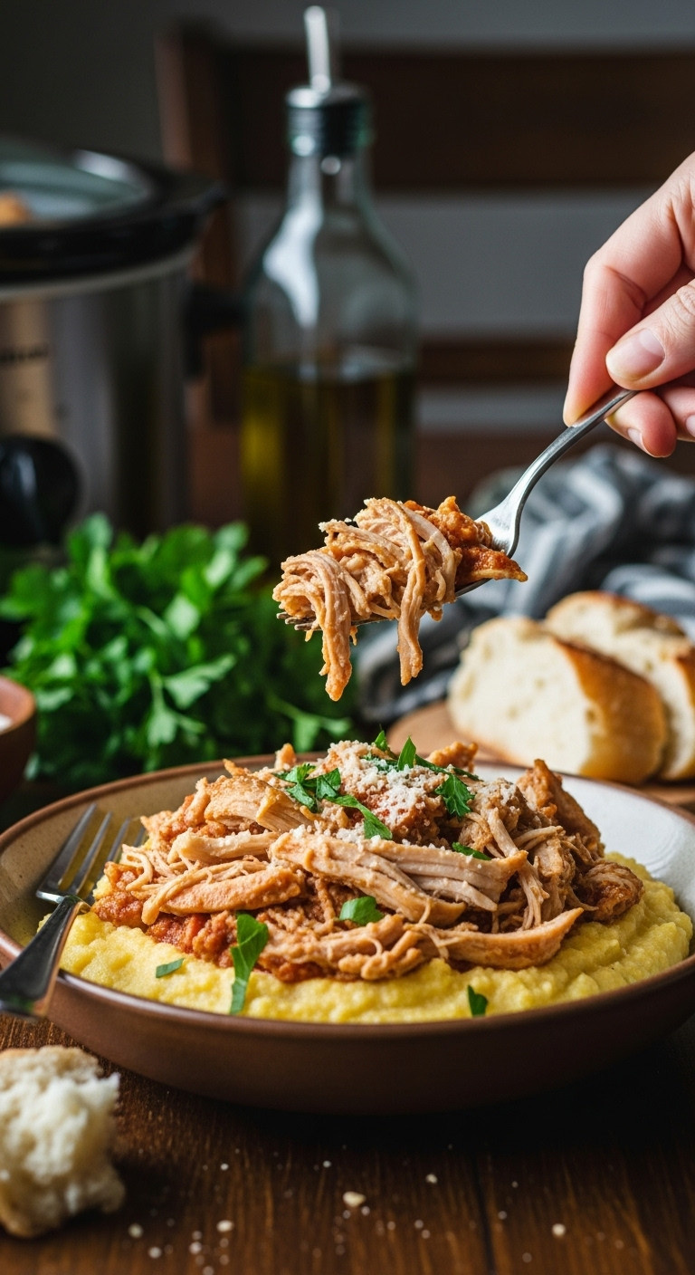 Tender Shredded Crockpot Italian Chicken Served Over Creamy Polenta Garnished With Parsley And Parmesan Cheese