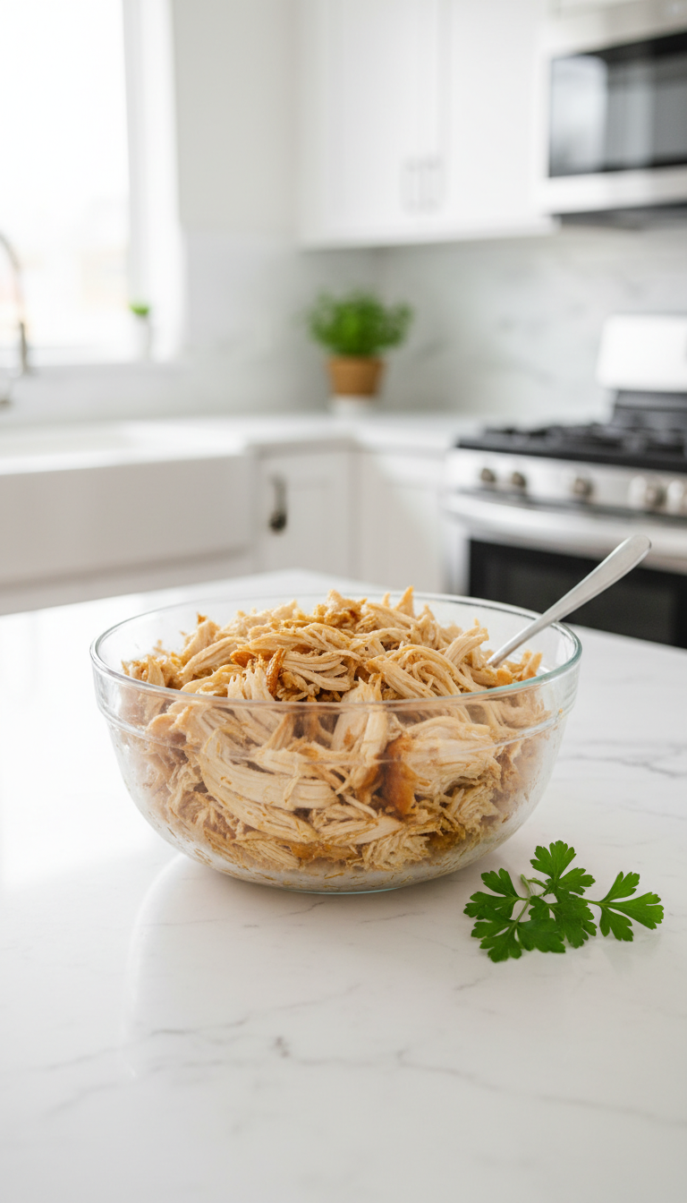 Tender Shredded Rotisserie Chicken In A Glass Bowl On A White Marble Counter With Fresh Parsley And A Fork.