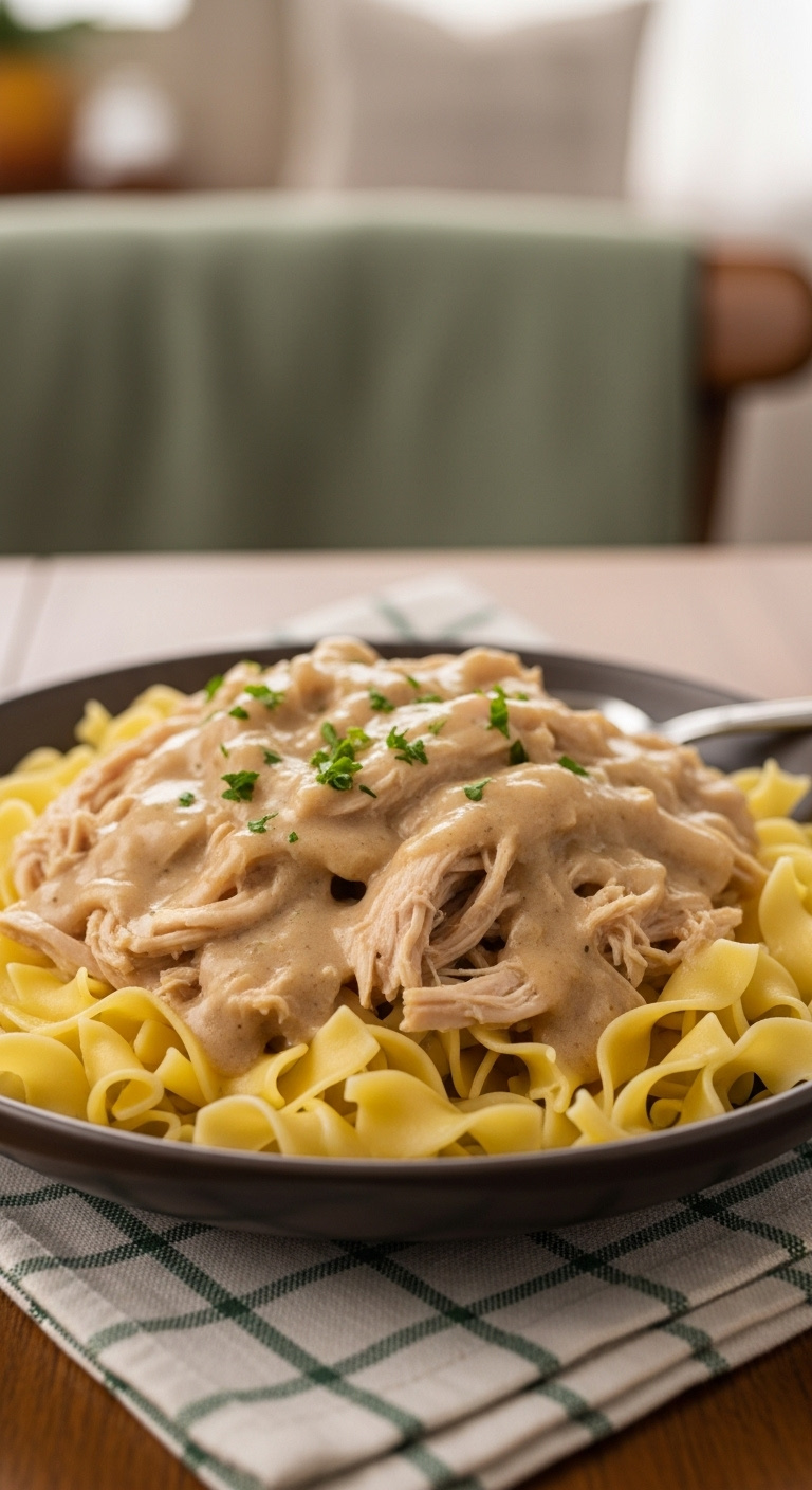 Tender Shredded Slow Cooker Chicken Smothered In Creamy Gravy Served Over Wide Egg Noodles Garnished With Parsley