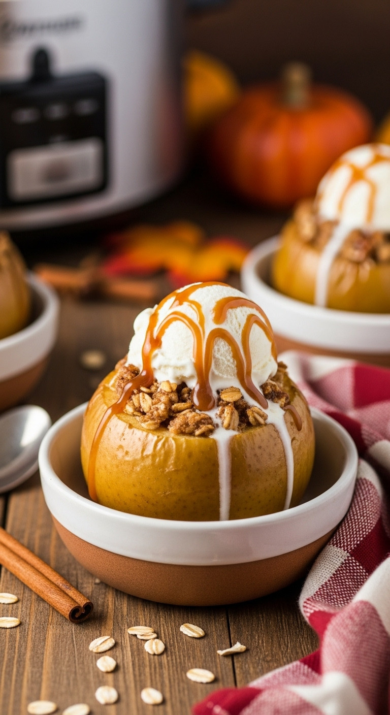 Tender Slow Cooker Baked Apple With Vanilla Ice Cream, Caramel Drizzle In Rustic Bowl, Cozy Fall Decor.