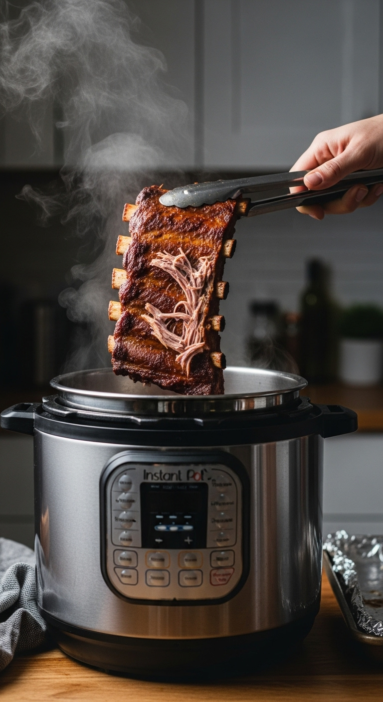 Tender Steaming Ribs Being Lifted From An Instant Pot With Tongs Onto A Foil Lined Baking Sheet