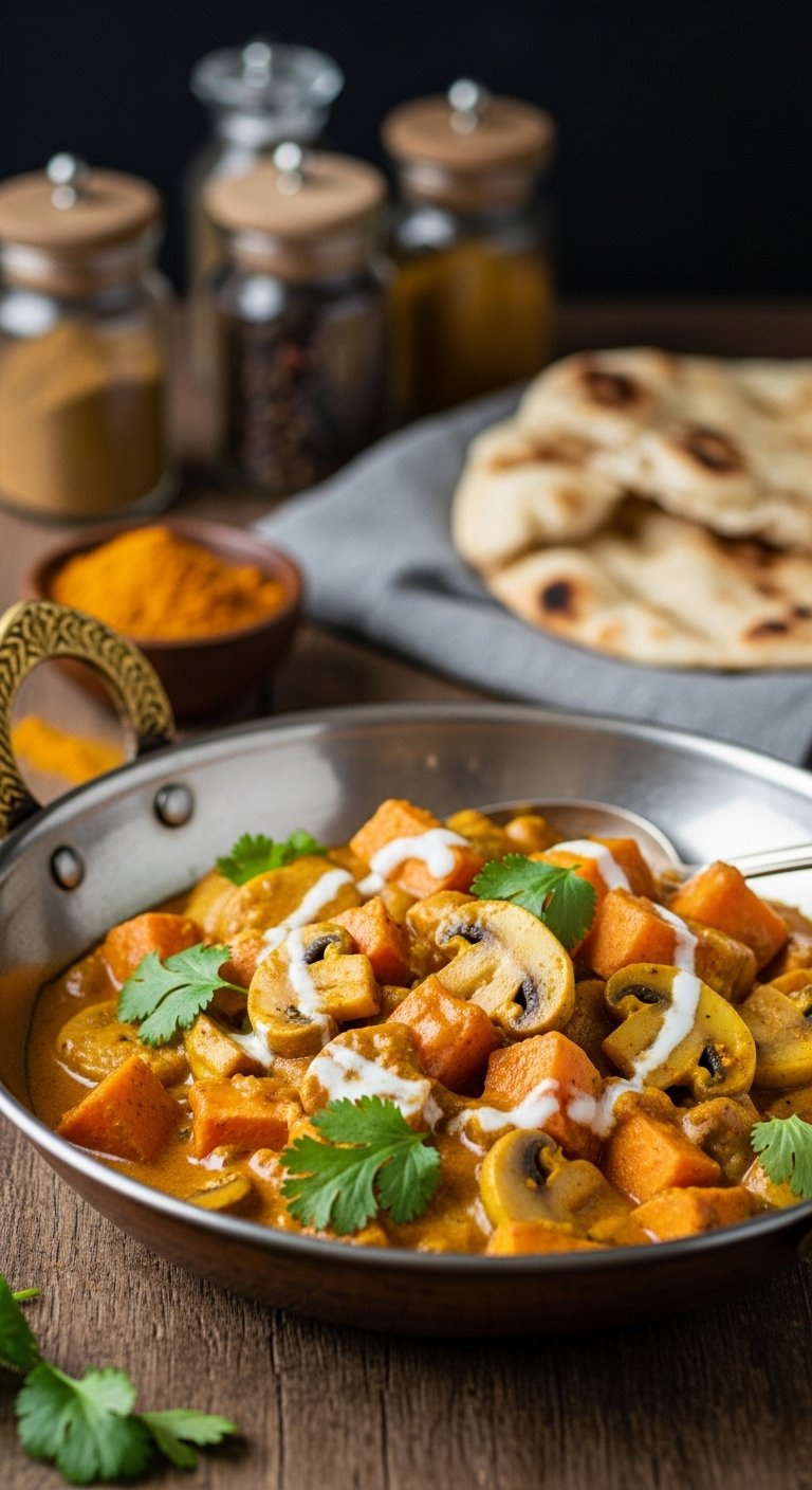 Tender Sweet Potato And Mushroom Pieces Coated In A Rich Creamy Yellow Curry Sauce Inside A Traditional Karahi Wok.