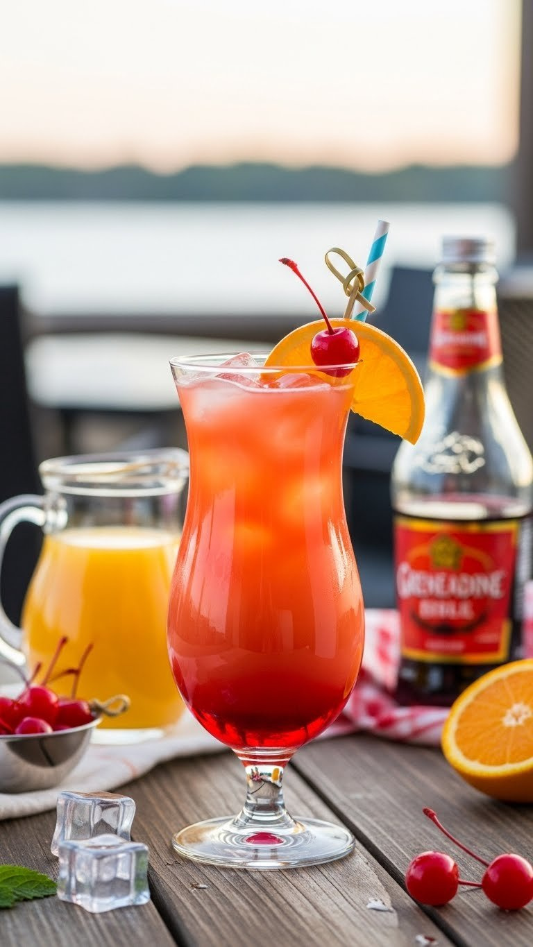 Tequila Sunrise Cocktail With Orange-Red Gradient Layers In Hurricane Glass On Rustic Wooden Table