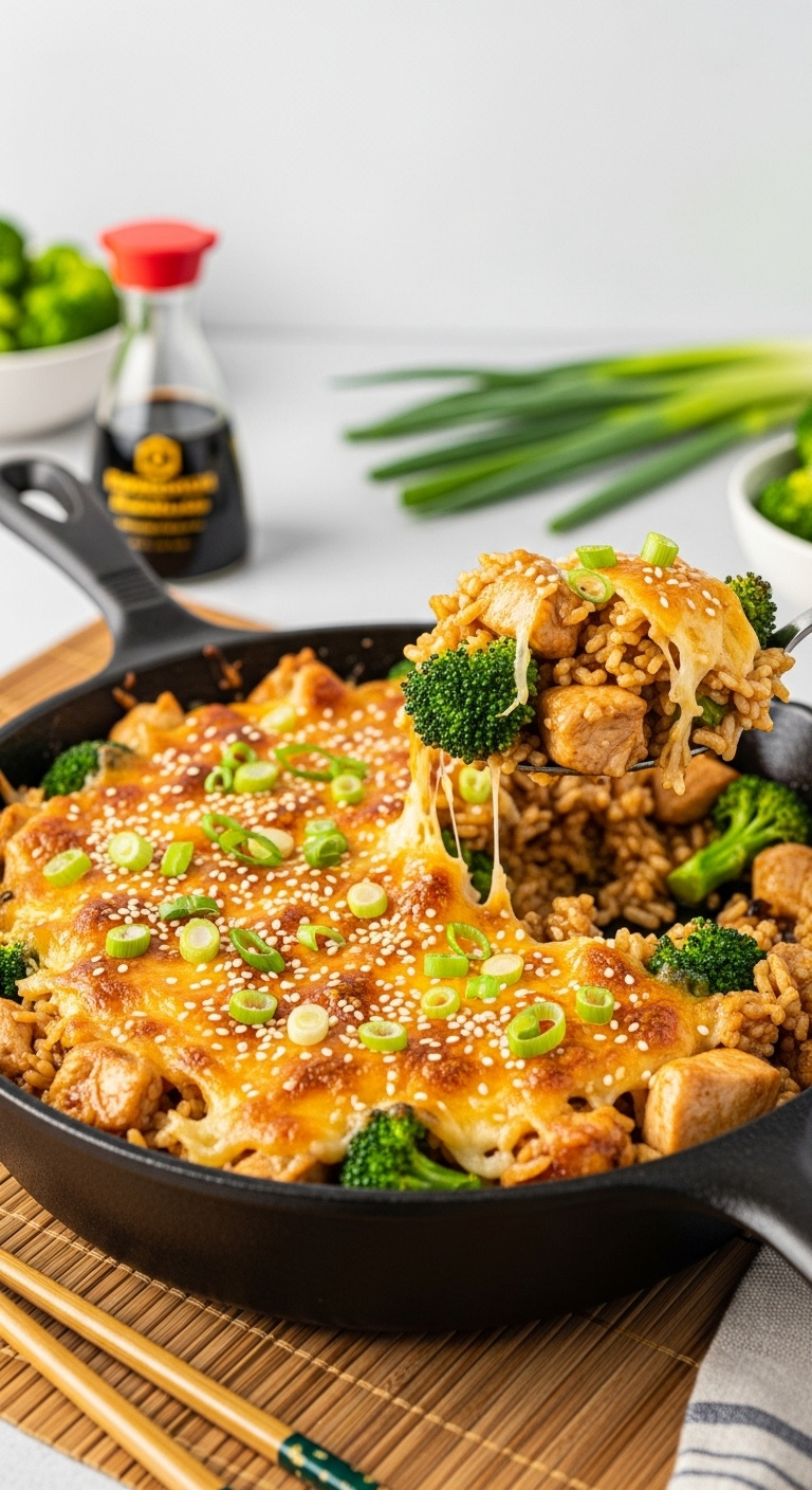 Teriyaki Chicken Skillet Casserole With Melted Cheese, Sesame Seeds, Green Onions, Broccoli, And Rice In A Cast-Iron Skillet On A Bamboo Placemat