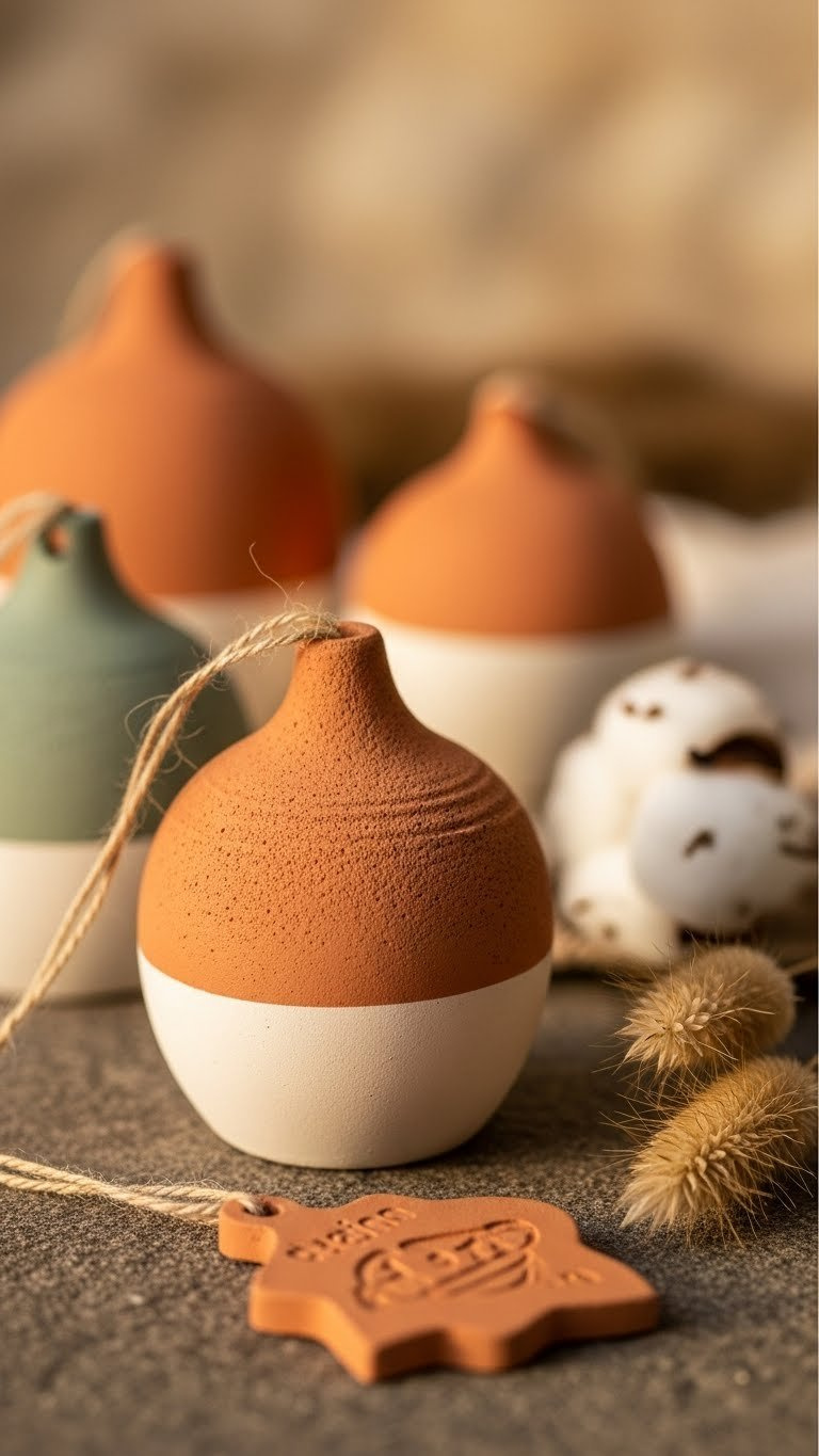Terracotta-Look Baking Soda Acrylic Paint Ornaments With Rustic Textured Surface Displayed On Stone With Dried Grasses And Warm Golden Hour Lighting