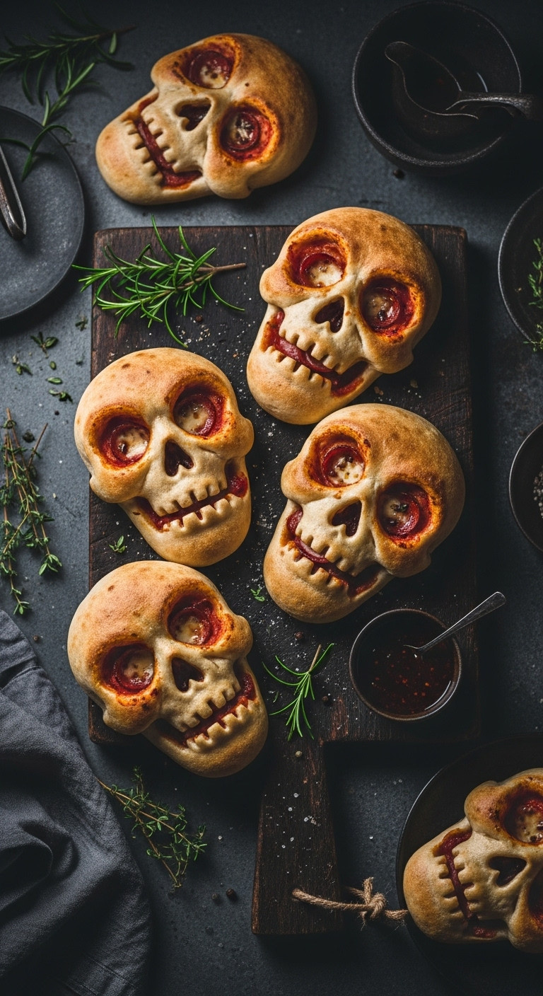 Terrifying Halloween Pizza Skulls With Browned Crusts, Bubbling Cheese, And Savory Fillings On A Dark Rustic Board In A Shadowy Kitchen.