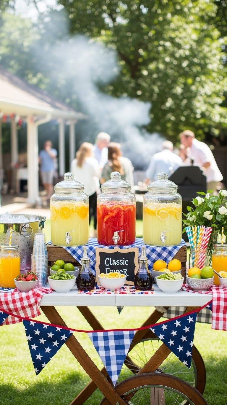 Texas-Style Lemonade Station With Multiple Dispensers And Fresh Garnishes At Outdoor Bbq Setup With Checkered Tablecloth