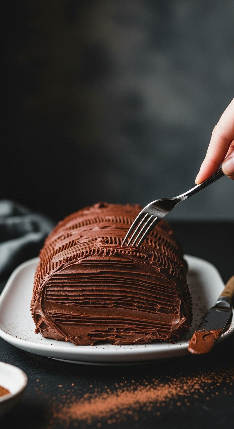 Texturing Chocolate Yule Log With Thick Ganache For Bark. Fork, White Platter, Cocoa Powder. Holiday Dessert.