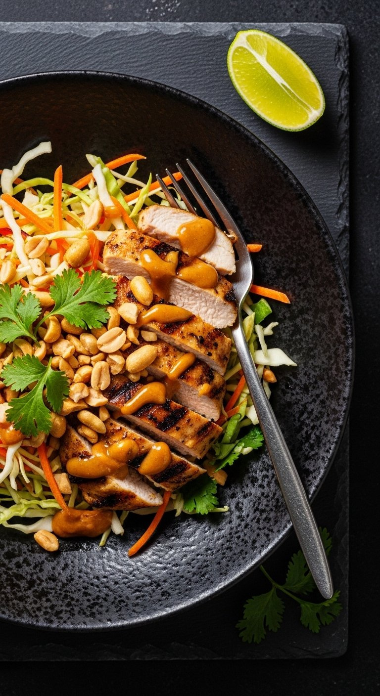 Thai Peanut Chicken Salad With Shredded Cabbage, Carrots, Peanuts, And Cilantro In A Dark Textured Bowl.