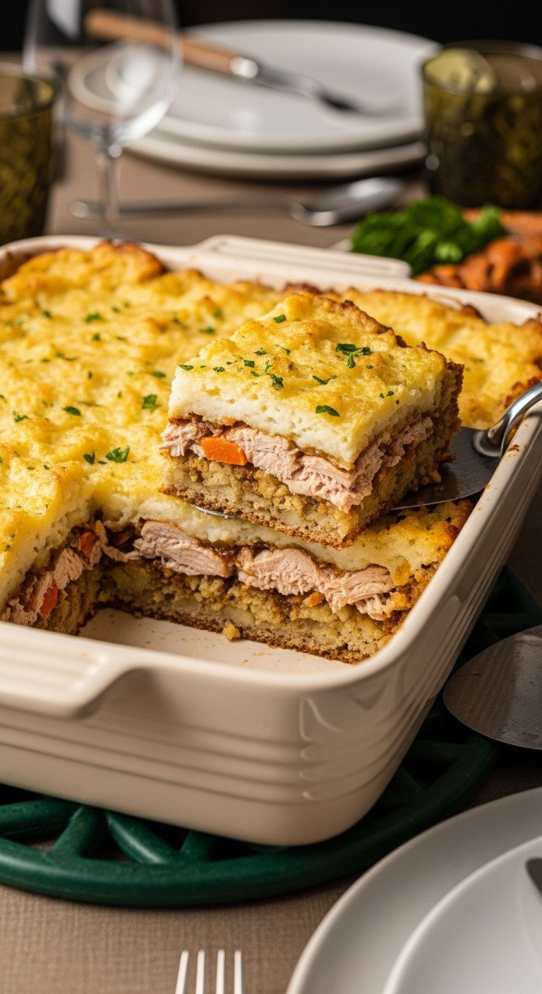 Thanksgiving Shepherd's Pie In Ceramic Dish With Turkey, Stuffing, Mashed Potato Layers. Comfort Food With A Slice Removed.