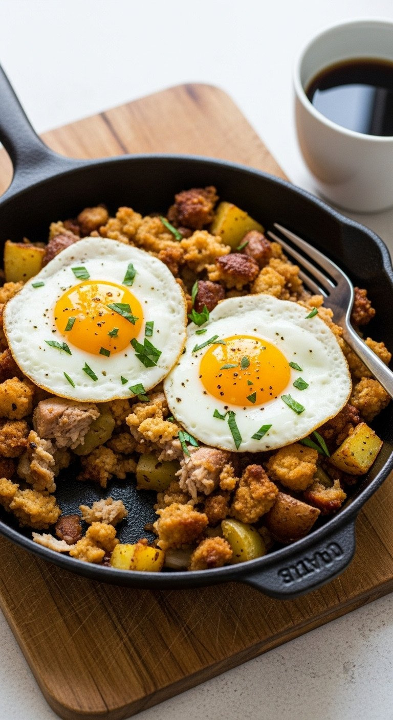 Thanksgiving Leftover Breakfast Hash In Cast Iron Skillet With Turkey, Stuffing, Potatoes, Sunny-Side-Up Eggs. Rustic.
