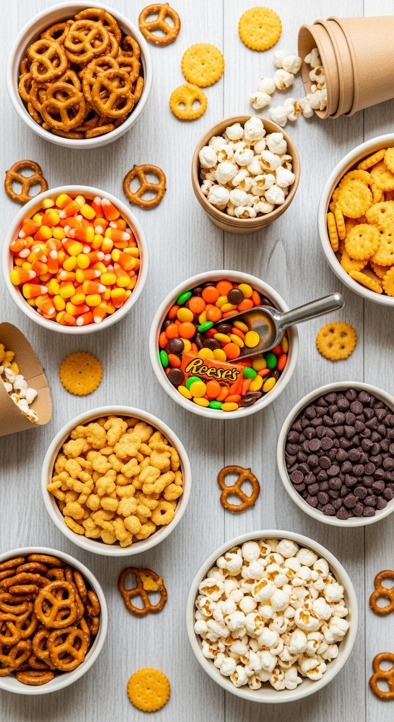Thanksgiving Trail Mix Bar With Bowls Of Pretzels, Candy Corn, Popcorn, And Chocolates On A Light Wooden Surface.