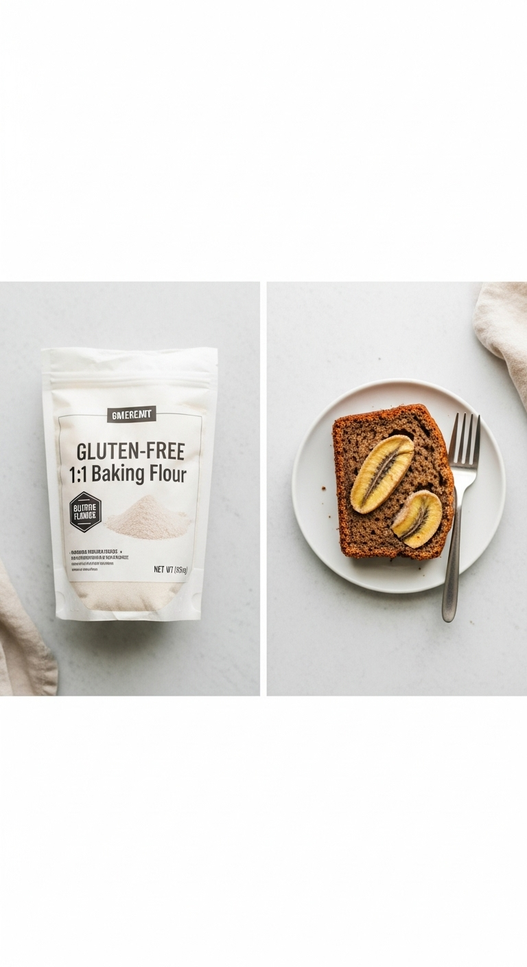 Overhead Flat Lay Of A Slice Of Moist Gluten-Free Banana Bread On A White Plate With A Fork, Alongside A Bag Of Gluten-Free 1:1 Baking Flour, Set Against A Clean, Minimalist White And Beige Background With Soft, Direct Lighting.