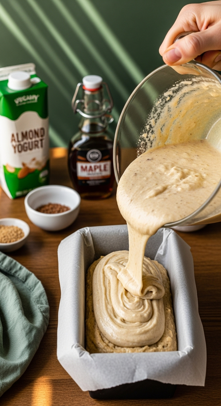 Close-Up Of A Hand Pouring Thick Vegan Banana Bread Batter Into A Parchment-Lined Loaf Pan, With Flax Eggs, Maple Syrup, And Almond Milk Yogurt Arranged On A Wooden Table In Warm, Natural Sunlight, Highlighting The Wholesome Vegan Ingredients.