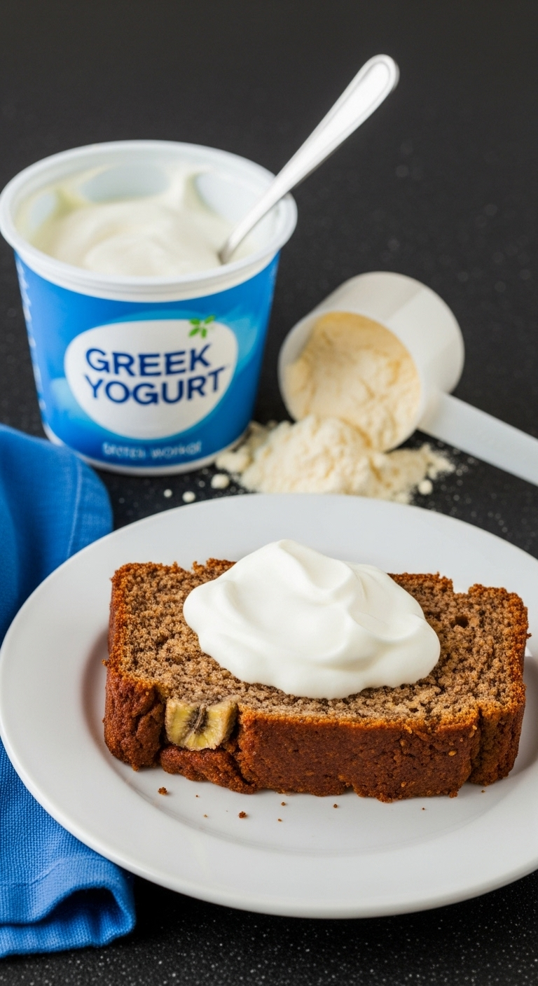 Thick Slice Of Protein Banana Bread On A Plate With Greek Yogurt And Spilled Vanilla Protein Powder, Set In A Bright, Energetic Gym-Inspired Scene Highlighting A Healthy Post-Workout Snack.