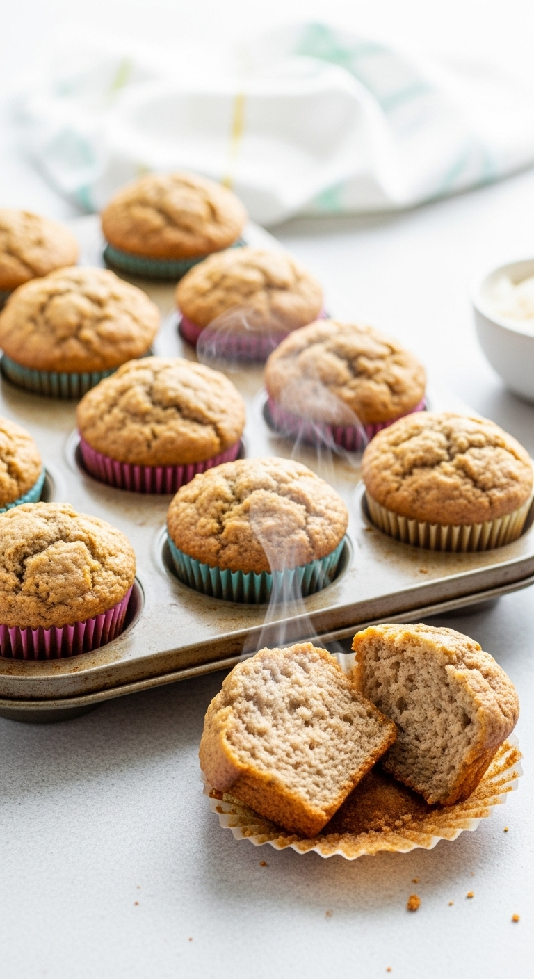 A Dozen Golden-Brown Healthy Banana Bread Muffins Cooling In A Rustic Tin With One Muffin Unwrapped And Broken In Half To Reveal A Steamy, Fluffy Interior, Set In A Bright, Playful Scene With Pastel-Colored Liners Perfect For Grab-And-Go Breakfast.