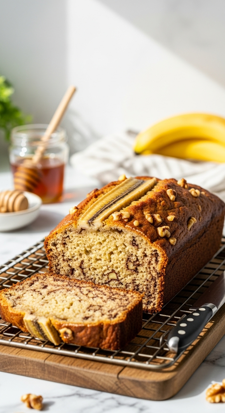 Perfectly Baked Moist Banana Bread Loaf On A Rustic Wooden Rack With A Sliced Piece Showing Fluffy Texture And Visible Cinnamon And Walnuts, Accompanied By Honey Jar And Bananas Blurred On A Marble Countertop In Soft Natural Light.