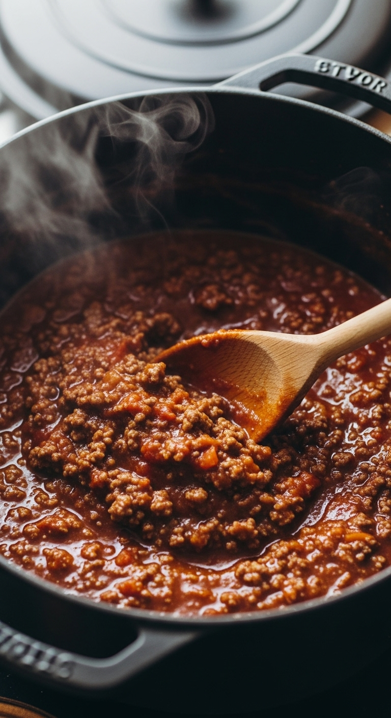 Close-Up Of A Wooden Spoon Stirring Thick, Bubbling Hot Dog Chili In A Cast-Iron Dutch Oven, With Rich Red Sauce, Visible Ground Beef Texture, And Rising Steam Creating A Warm, Cozy, And Appetizing Scene.
