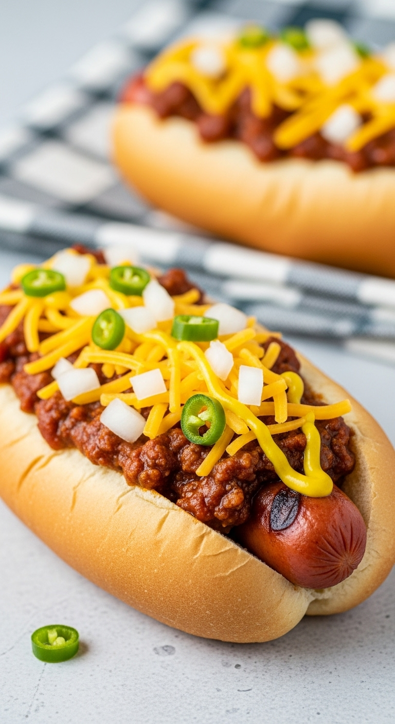 Perfectly Assembled Chili Dog Topped With Meaty Hot Dog Chili, Shredded Cheddar Cheese, Diced Onions, And Yellow Mustard, Set In A Bright, Celebratory Scene With Vibrant Colors Ideal For Cookouts Or Game Day.
