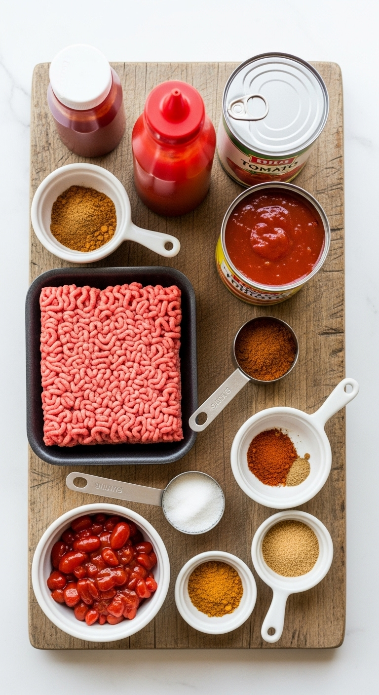 Flat Lay Of Hot Dog Chili Ingredients On A Rustic Wooden Board, Including Ground Beef, Tomato Sauce, Ketchup, Chili Powder, Brown Sugar, And Spices Arranged Neatly In Small Bowls And Cups, Bathed In Soft, Natural Light.
