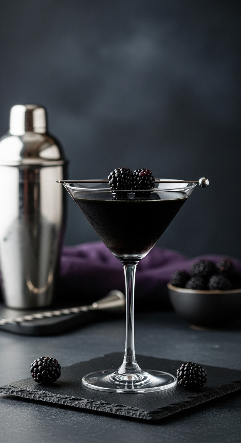 The Black Heart Martini With A Blackberry Garnish In An Angular Martini Glass On A Black Slate Surface