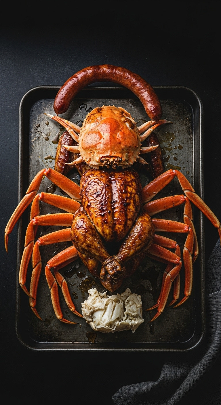 The Facehugger Feast Roasted Chicken With Crab Legs And Sausage Tail On A Dark Metal Platter