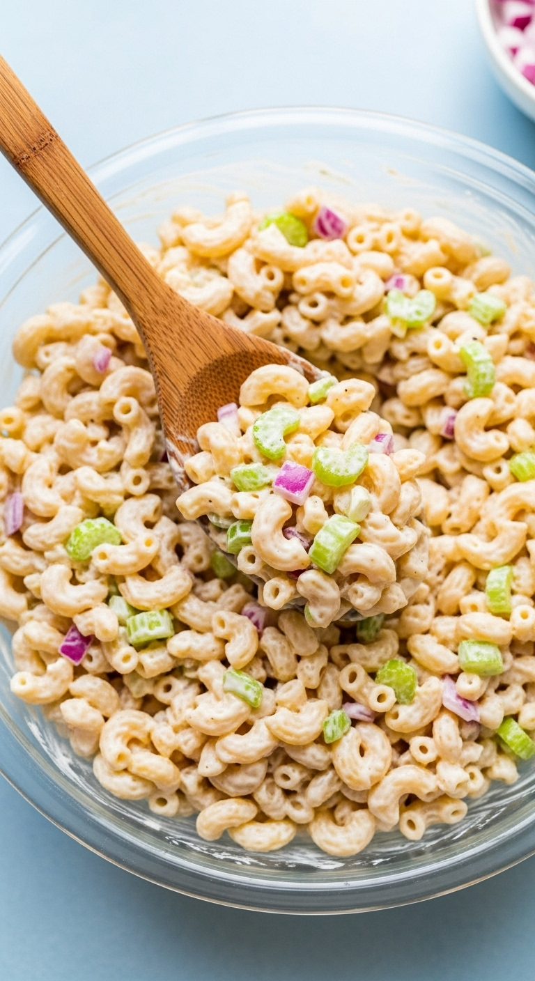 Slightly Angled Overhead Shot Of Creamy Macaroni Salad With Celery And Onion In A Glass Bowl, A Wooden Spoon Scooping Out Salad, Set On A Pale Blue Surface Under Soft, Bright, Diffused Lighting.