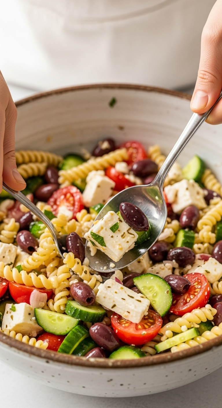 Action Shot Of Hands Tossing Light And Zesty Greek Pasta Salad With Feta, Kalamata Olives, Tomatoes, And Cucumbers In A Rustic Ceramic Bowl Under Fresh, Bright Mediterranean Morning Light.