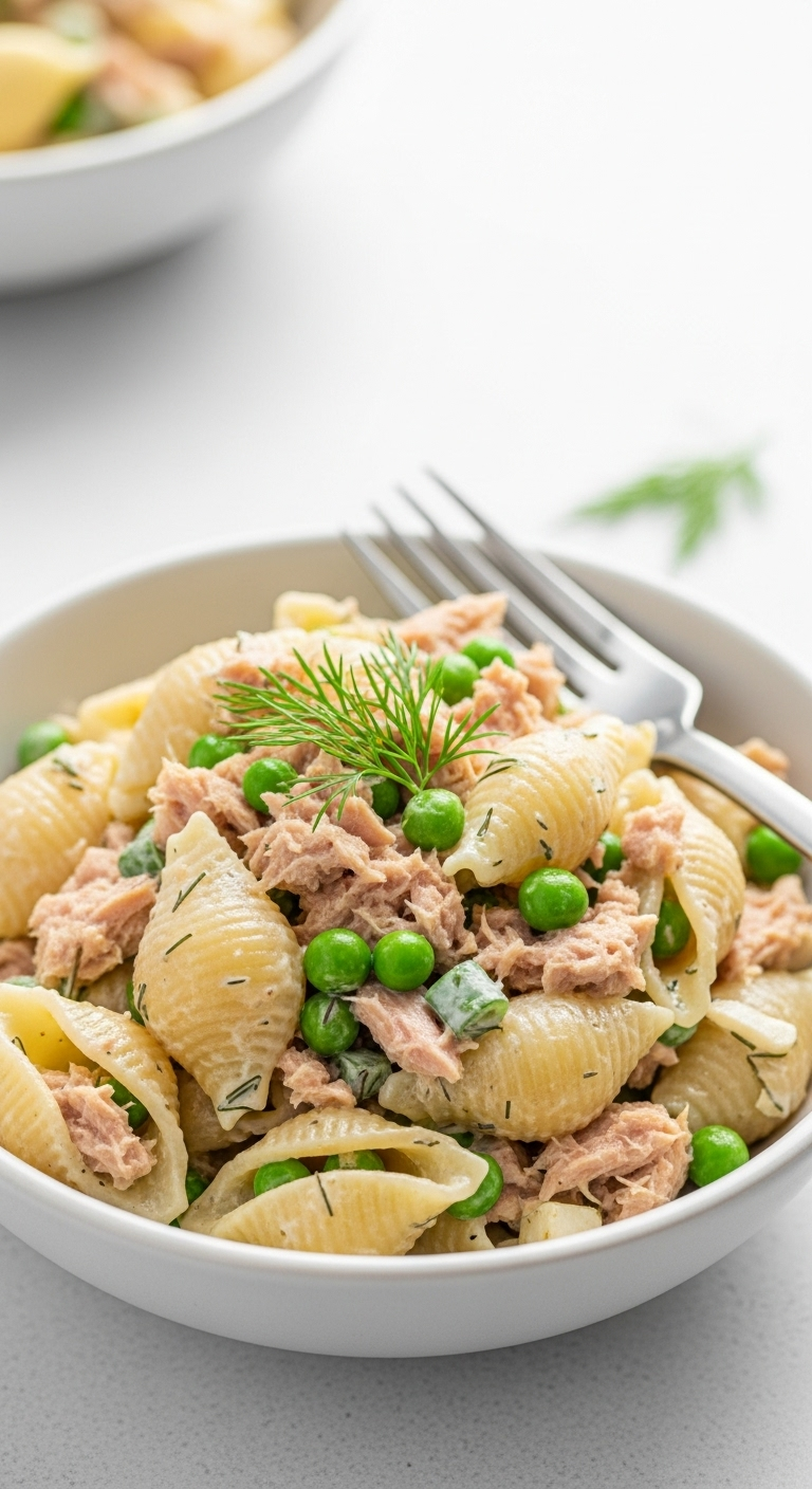 Close-Up Of Hearty Tuna Pasta Salad With Flaked Tuna, Green Peas, Shell Pasta, And Fresh Dill In A Light-Colored Bowl, With A Fork Resting Beside, Captured In Bright Natural Light Highlighting Soft Pastel Tones.