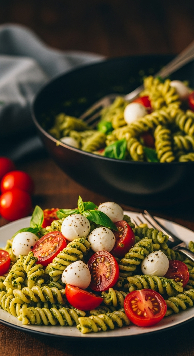 Rustic Golden Hour Shot Of 30-Minute Pesto Pasta Salad With Fusilli Coated In Vibrant Green Pesto, Cherry Tomatoes, And Mozzarella Pearls Being Served From A Dark Bowl Onto A Plate, Showcasing Rich Colors And Appetizing Textures.