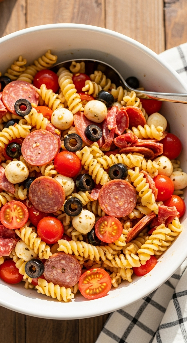 Top-Down Close-Up Of Classic Italian Pasta Salad With Rotini, Cherry Tomatoes, Mozzarella, Black Olives, And Pepperoni In A White Bowl, Illuminated By Soft Natural Light On A Rustic Wooden Table With A Checkered Napkin.