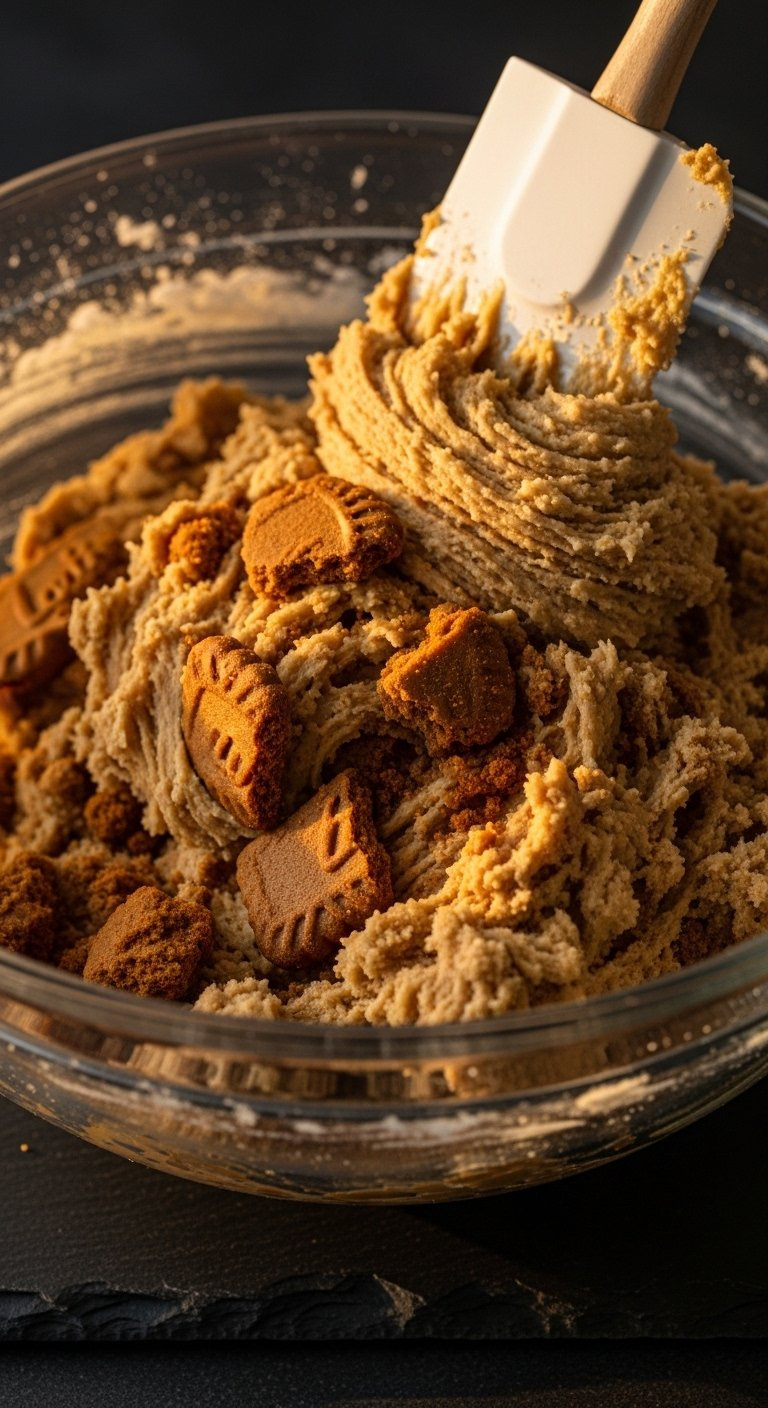 Thick Biscoff Cookie Dough With Crushed Biscuit Chunks Being Folded In A Glass Bowl.