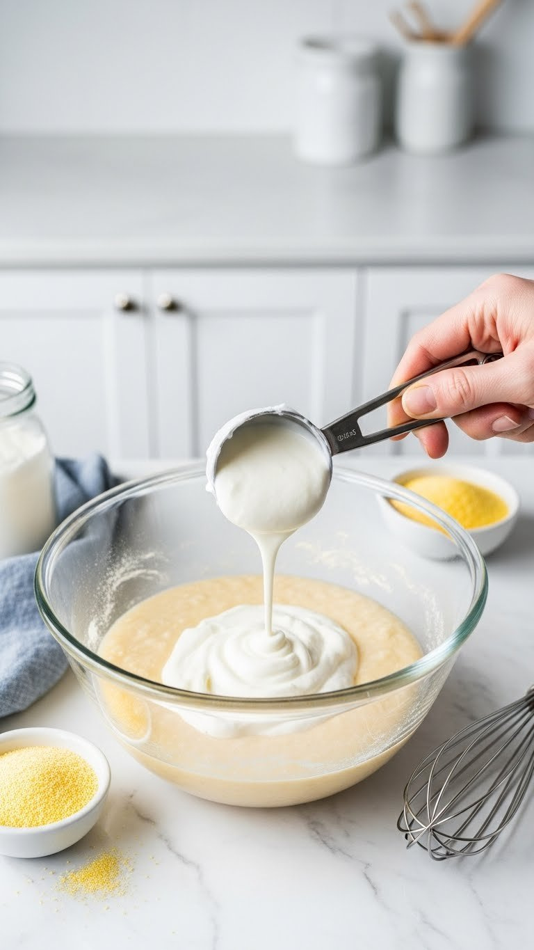 Thick Greek Yogurt Added To Cornbread Batter In A Bowl On A Marble Counter, With Cornmeal And Whisk For Baking.