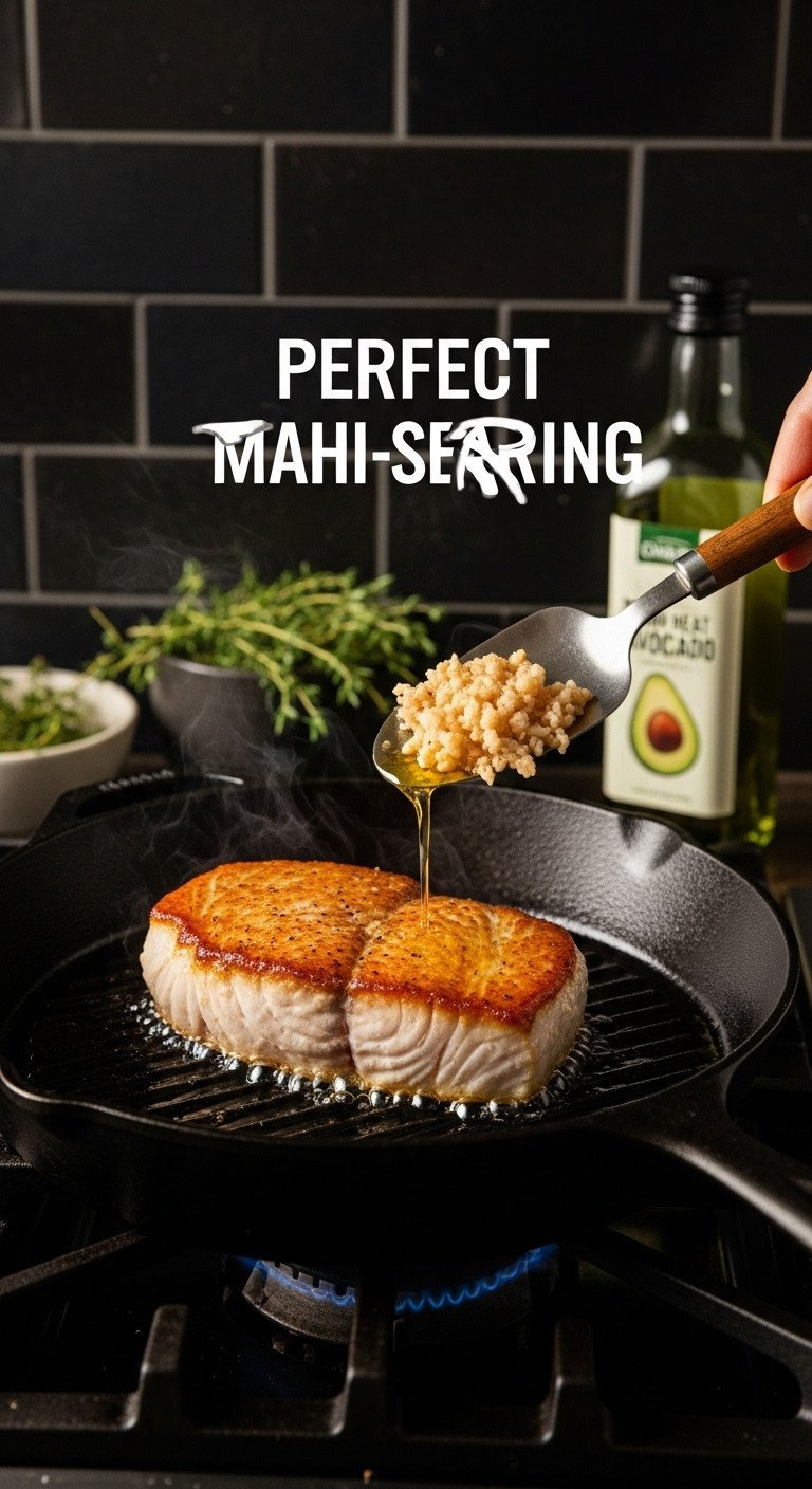 Thick Mahi Mahi Fillet Pan-Searing In A Hot Black Cast Iron Skillet, Developing A Golden-Brown Crust With Oil, Thyme, And Avocado Oil Nearby.