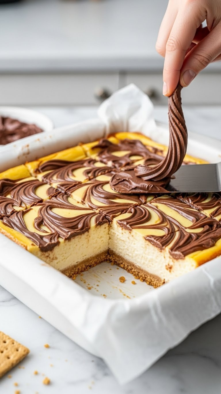 Thick Nutella Cheesecake Bars With Graham Cracker Crust, Creamy Vanilla Swirl In Baking Dish On Marble.