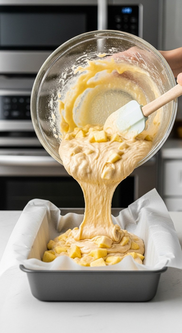Thick Apple Cake Batter With Fresh Apple Chunks Poured From A Glass Bowl Into A Parchment-Lined 9X13 Baking Pan. Kitchen Prep.