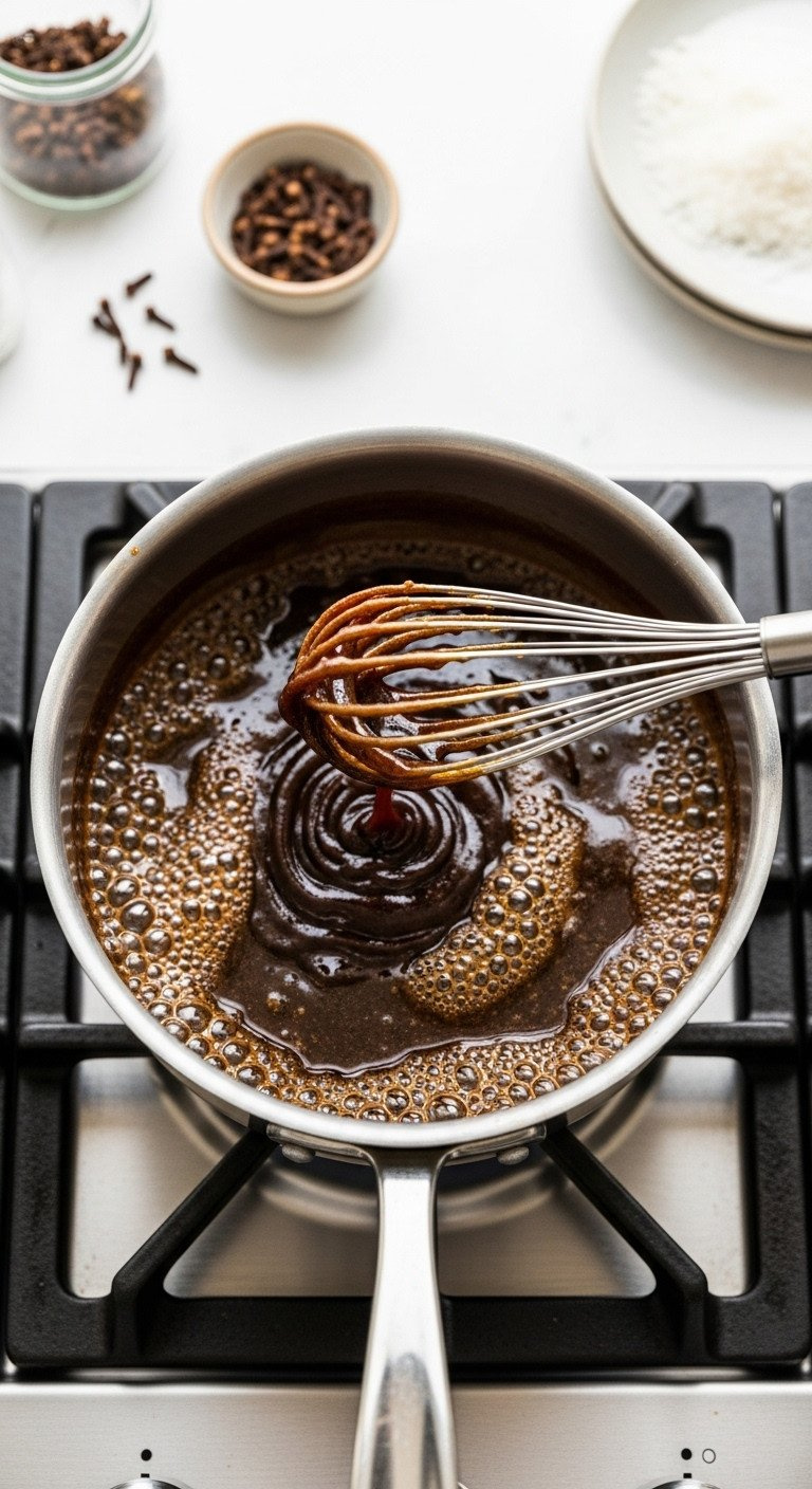 Thick Brown Sugar Glaze Simmering In A Stainless Steel Saucepan, Whisk Lifting Syrupy Glaze, Bubbles Visible, With Whole Cloves. Stovetop Prep.