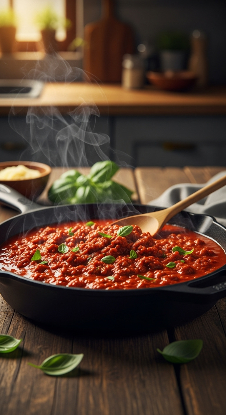 Thick Bubbling Meat Sauce In A Cast-Iron Skillet With A Wooden Spoon And Fresh Basil On A Rustic Wood Table With Warm Light