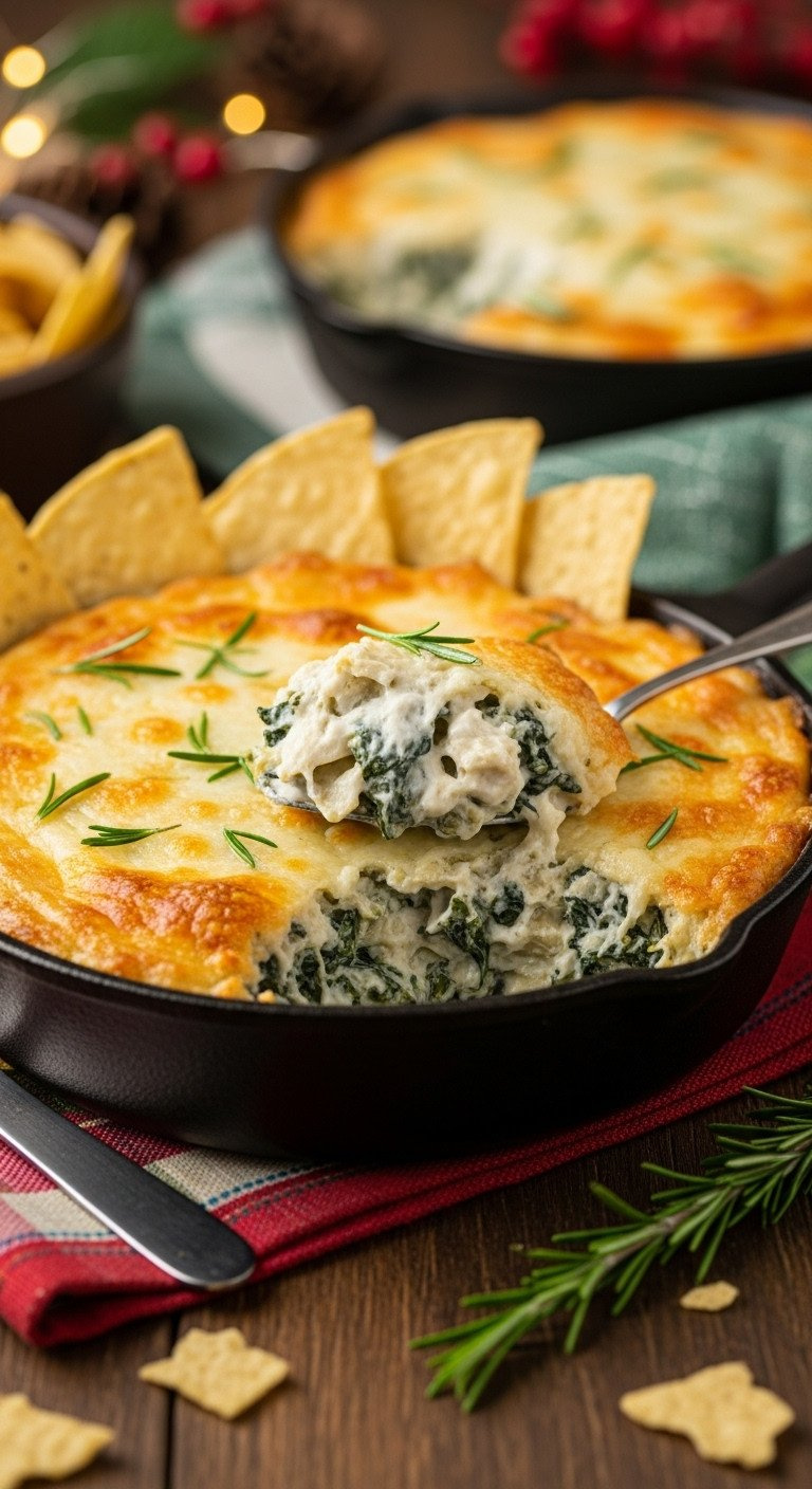 Thick, Bubbly Spinach Artichoke Dip, Served Warm In A Cast Iron Skillet With Crunchy Tortilla Chips. Cozy Appetizer.