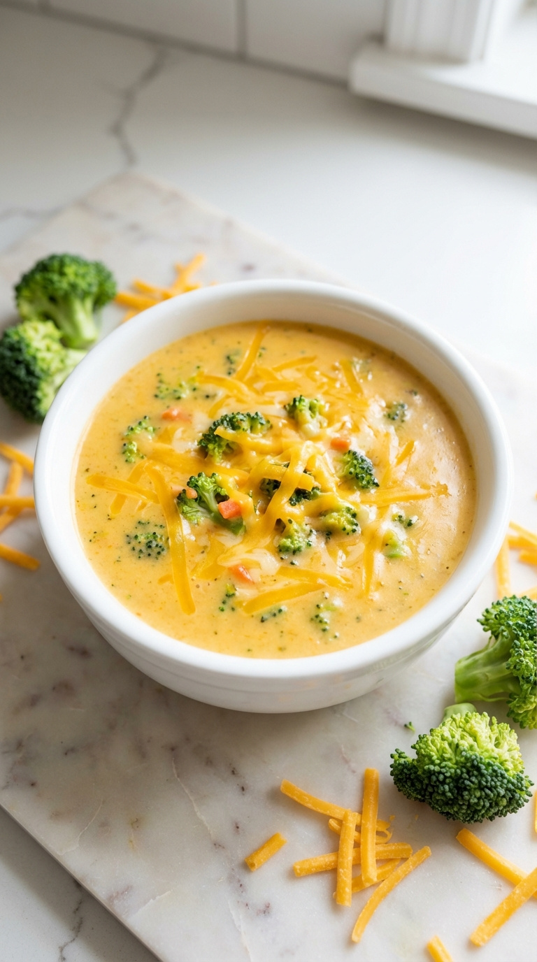 Thick Cheesy Instant Pot Broccoli Cheddar Soup With Broccoli Florets And Shredded Carrots In White Bowl
