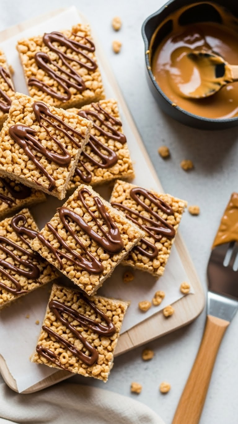 Thick, Chewy Peanut Butter Rice Krispie Treats, Golden Brown Squares With Puffed Rice Texture. Easy No-Bake Dessert.