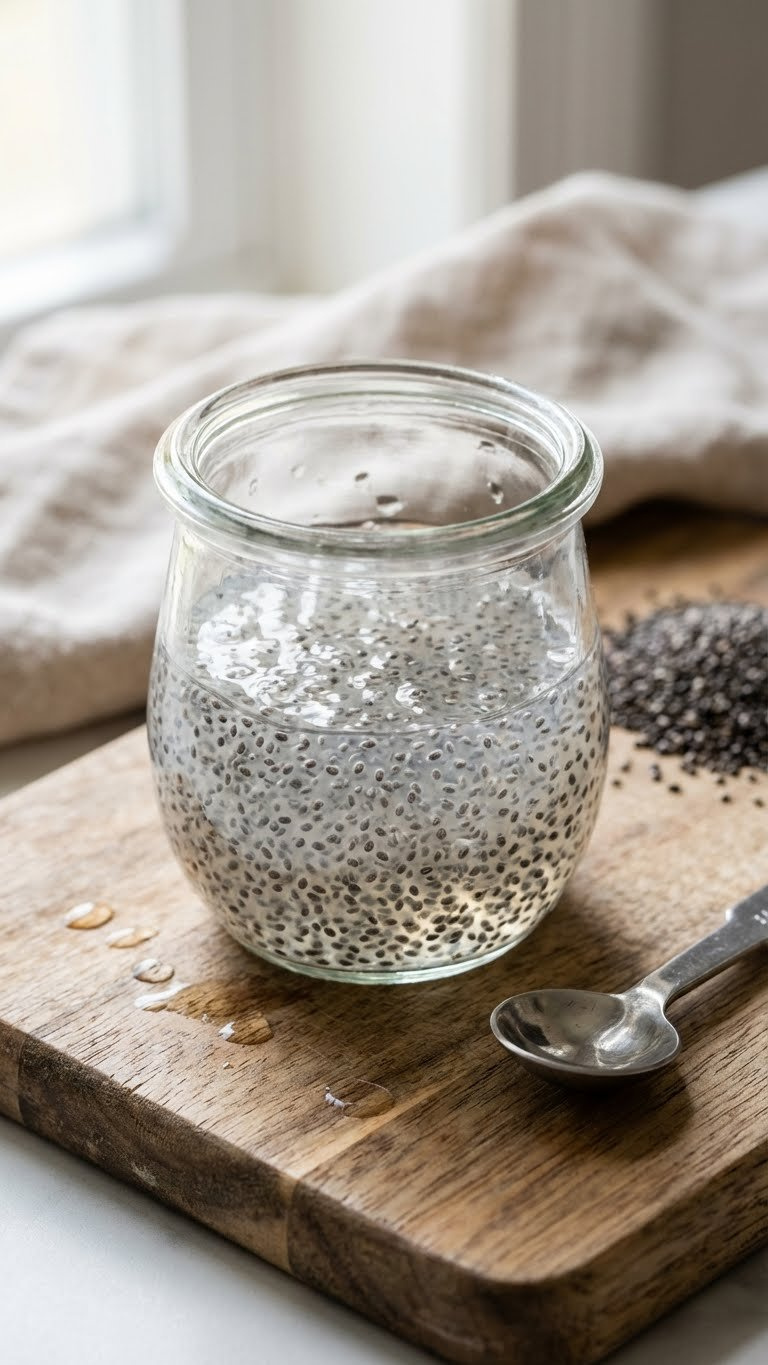 Thick Chia Seed Egg In A Small Glass Jar On A Wooden Board, With Dry Chia Seeds, Perfect For Vegan Baking.