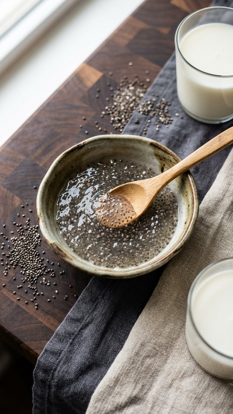 Thick Chia Seed Gel With Dark Seeds In A Ceramic Bowl On A Dark Butcher Block Counter. Healthy Vegan Egg Substitute For Baking.