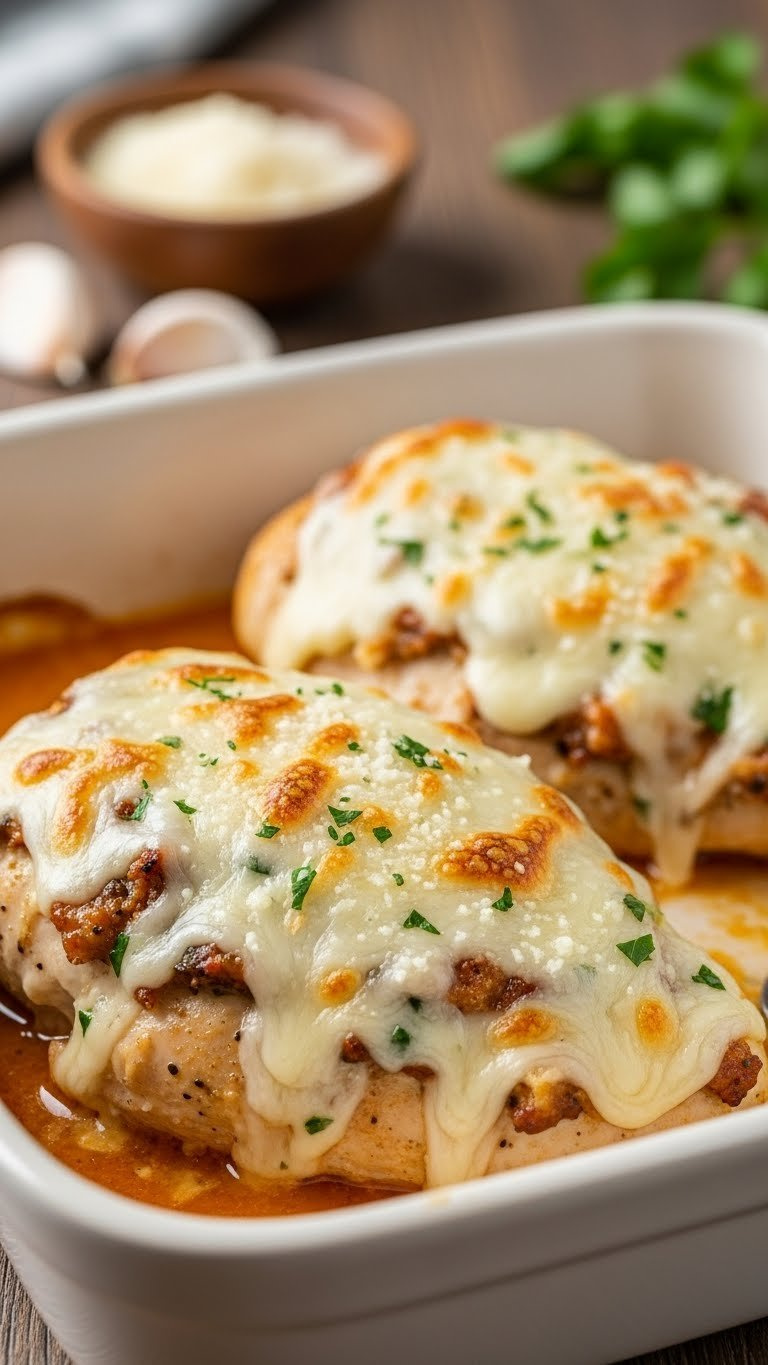 Thick Chicken Breast Topped With Melted Mozzarella And Parmesan Cheese Infused With Garlic And Herbs In White Baking Dish