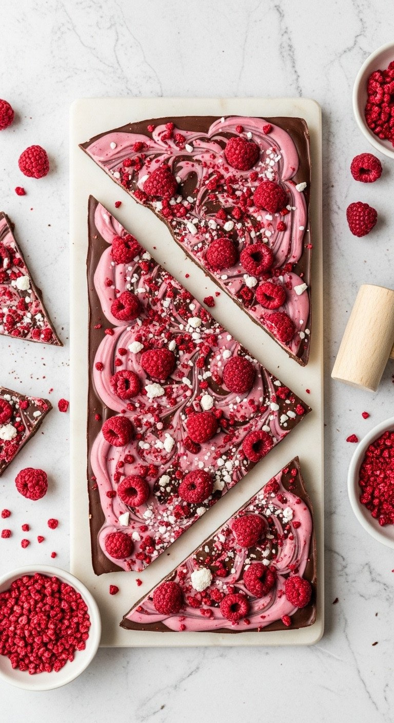 Thick Chocolate Bark With Pink And Dark Chocolate Swirls, Crushed Raspberries, And Sugar Crystals, Broken Into Pieces.