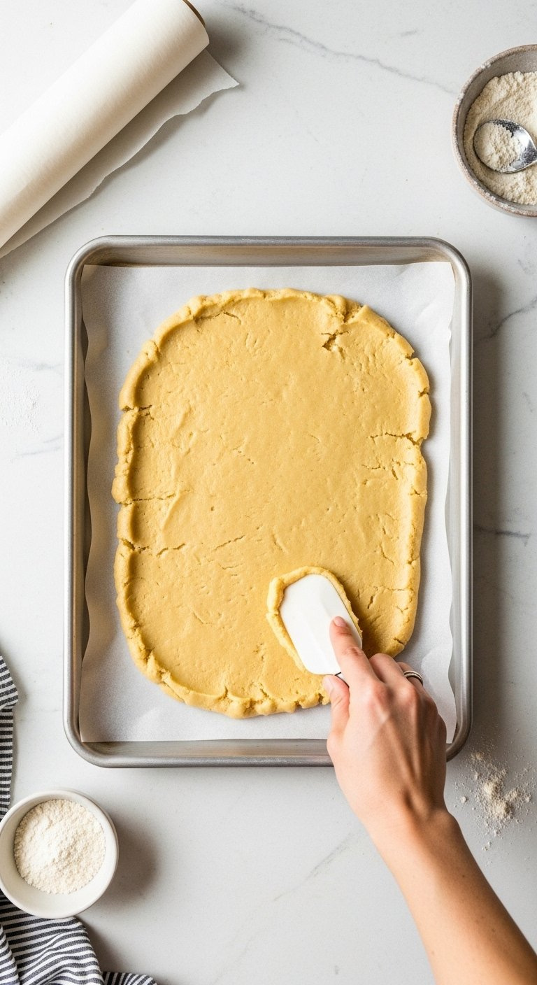 Thick Cookie Dough Being Pressed Evenly Into A Parchment Lined Sheet Pan With A Spatula.