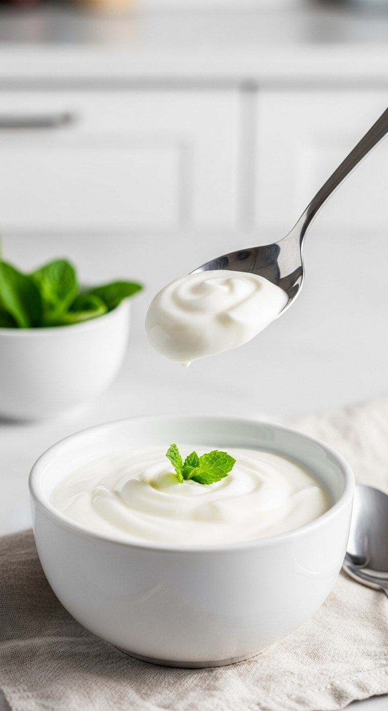 Thick Creamy Greek Yogurt With A Swirl And Mint Leaf Garnish On A Light Linen Tablecloth.