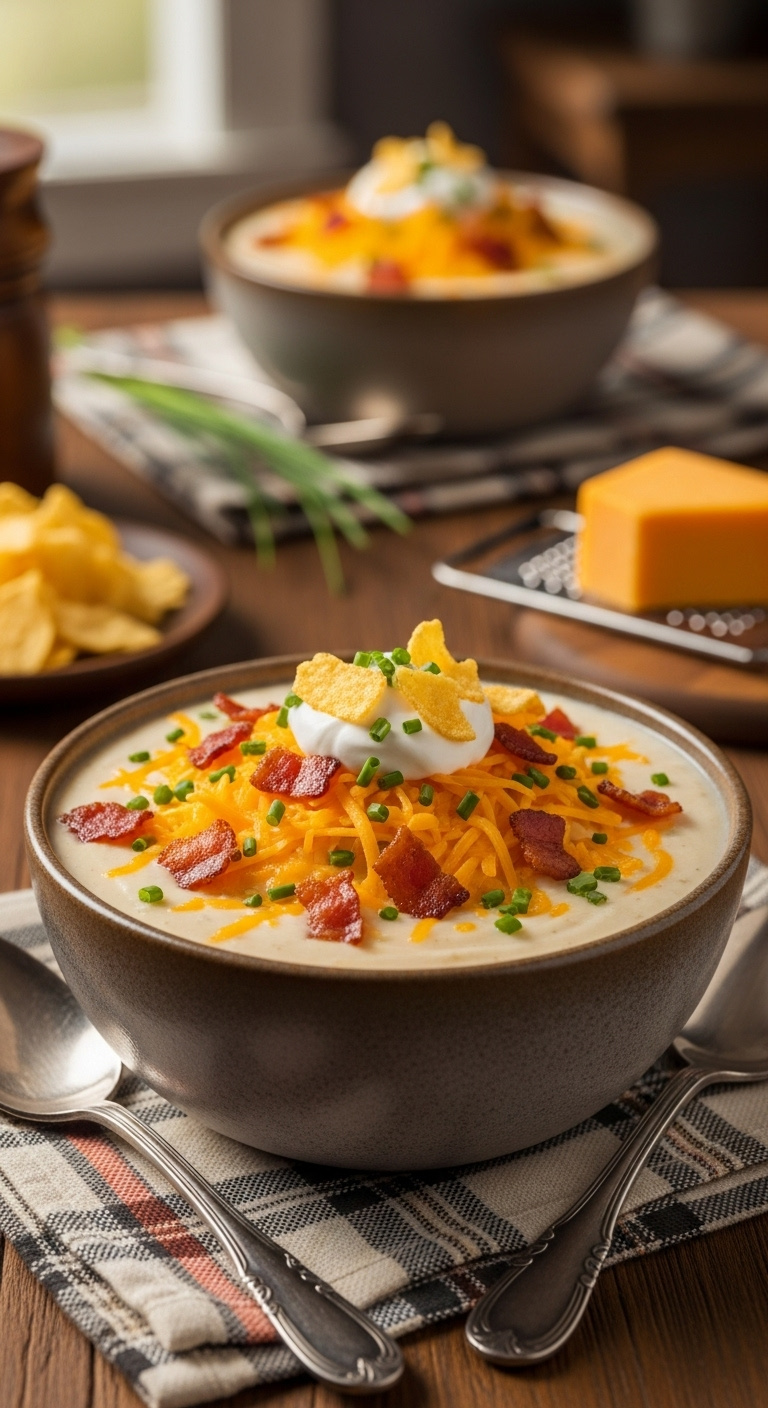 Thick Creamy Loaded Baked Potato Soup With Cheddar, Bacon, Chives, Sour Cream, And Potato Chips In A Rustic Bowl On A Plaid Napkin